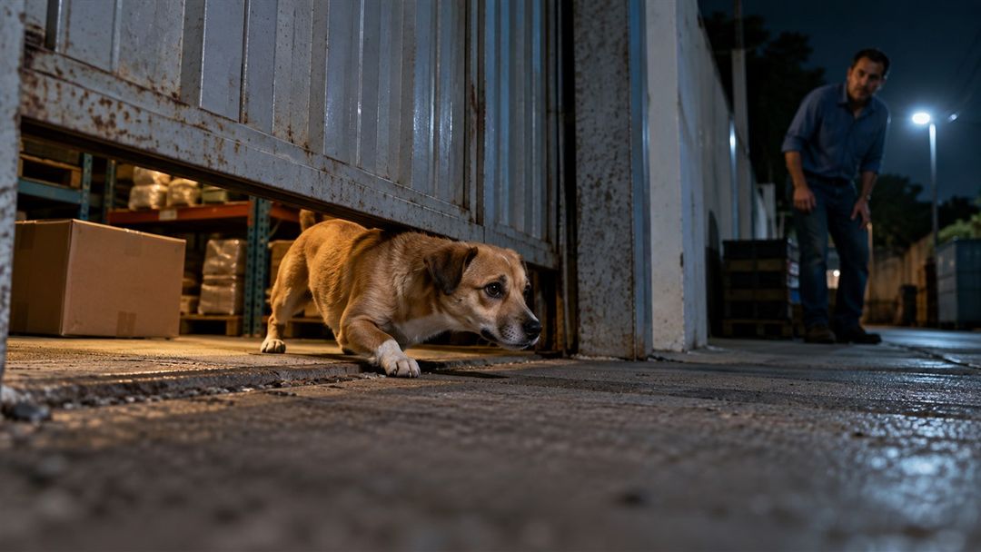 Um cachorro usava o espaço atrás dos pallets como abrigo.