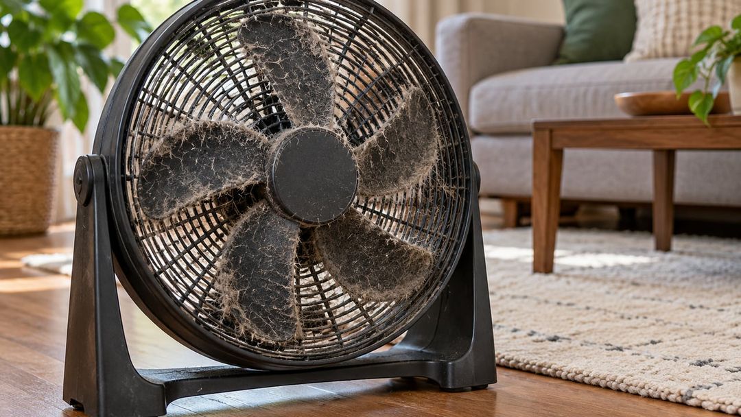 A eletricidade estática faz poeira, fiapos e pelos aderirem às pás do ventilador com o uso contínuo – Imagem ilustrativa criada por inteligência artificial