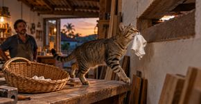 Dono de oficina nota que pedaços de estopa somem do cesto durante a noite, começa a separar a quantidade antes de fechar e descobre uma gata levando o tecido por uma abertura do telhado para montar um ninho sobre o forro