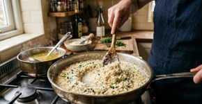 Os cozinheiros italianos concordam: “Para o risoto ficar perfeito, é preciso refogar o arroz assim e adicionar o caldo aos poucos até o ponto certo.”
