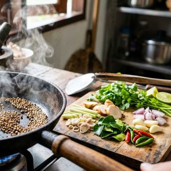 Featured mobile: Os chefs tailandeses concordam: “O curry mais saboroso não é feito com pasta pronta; é preciso tostar as especiarias no seco antes de qualquer coisa.”