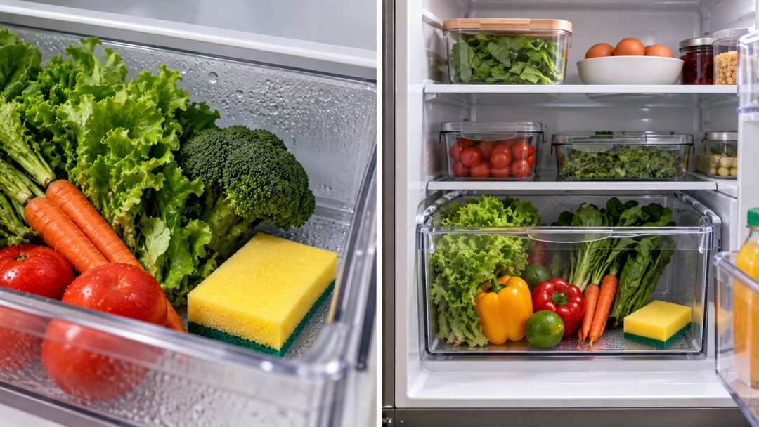 Gaveta de hortaliças com água acumulada? Veja por que algumas pessoas usam uma esponja para absorver a umidade e o que fazer para evitar problemas com os alimentos.