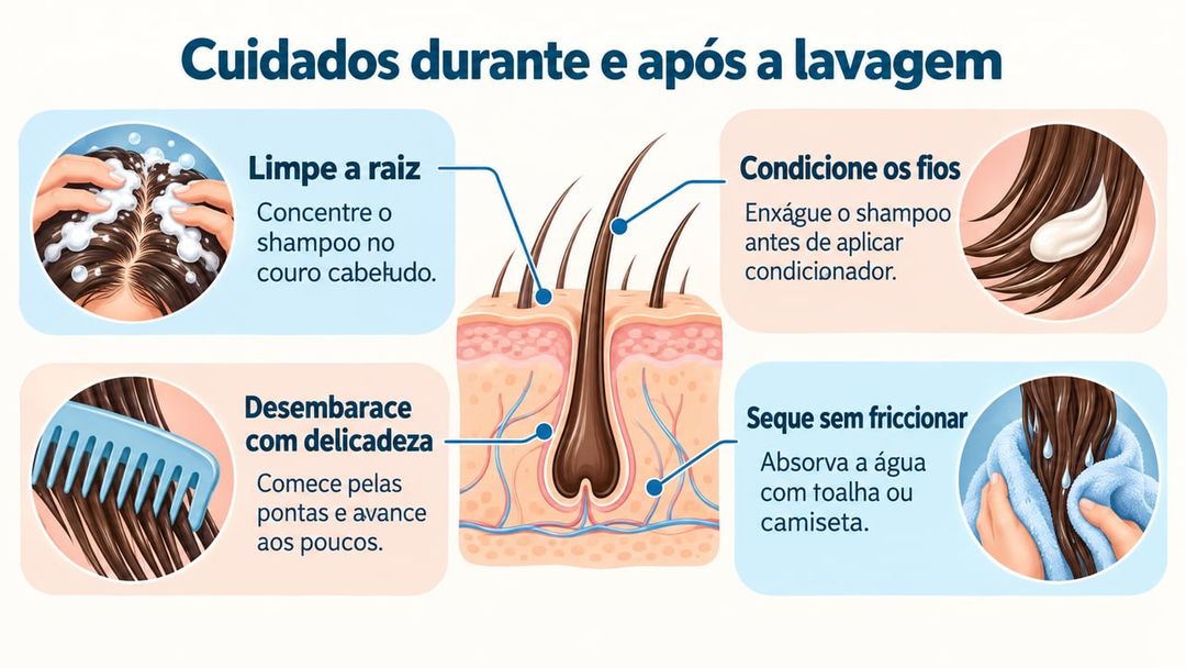 Concentre o shampoo na raiz e desembarace os fios começando pelas pontas – Imagem ilustrativa criada por inteligência artificial