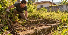 Homem compra um terreno pequeno no interior para construir aos poucos, começa a limpar o mato e encontra restos de uma antiga horta que os vizinhos ainda lembravam quem cultivava