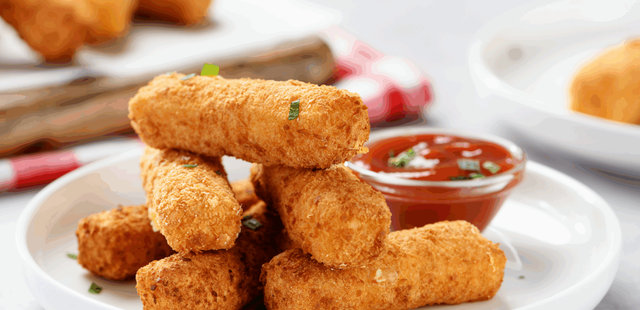 Palitos de queijo crocantes, dourados e com aquele puxa-puxa de queijo cremoso