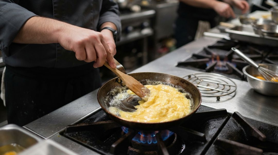Uma omelete francesa clássica não busca aquelas manchas marrons comuns em preparações feitas com fogo mais forte