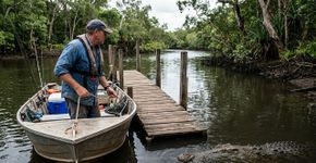 Durante um mês, pescador encontra o mesmo crocodilo parado perto da rampa onde limpa os peixes ao voltar do rio e passa a lavar o piso mais cedo para não deixar restos, até uma manhã perceber que o animal já estava na margem antes do barco atracar e transferir toda a limpeza para outro ponto do cais
