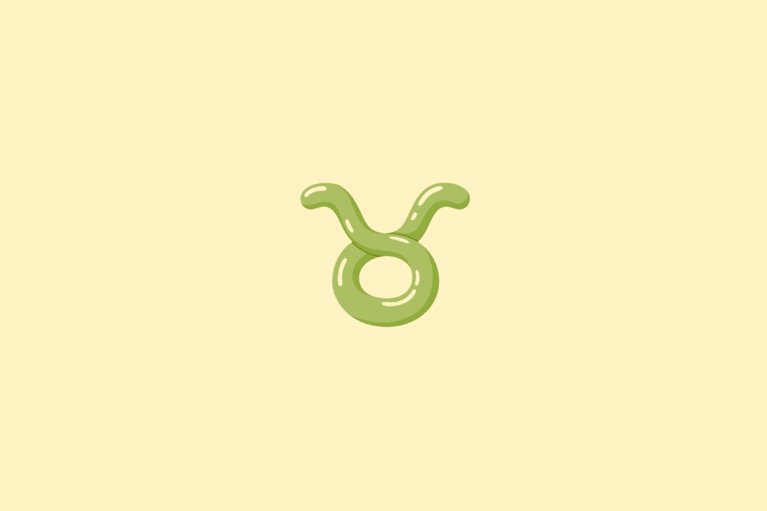 Ilustração do símbolo do signo de Touro, formado por um círculo com duas curvas na parte superior que lembram chifres, em tom verde-oliva, sobre um fundo amarelo-claro.