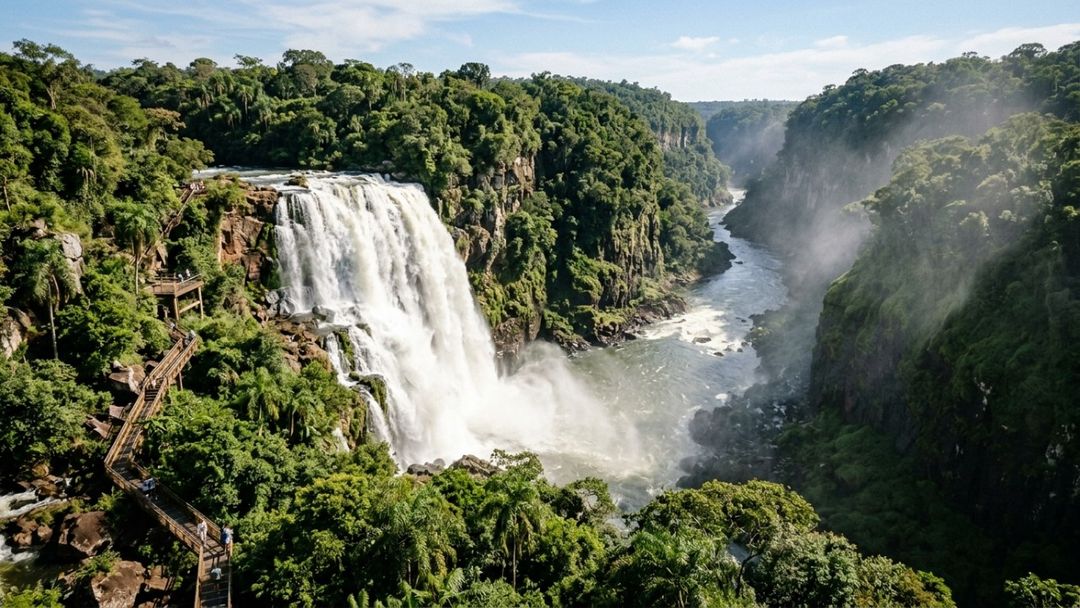 As quedas monumentais do rio formam uma névoa permanente e uma paisagem grandiosa no cânion.