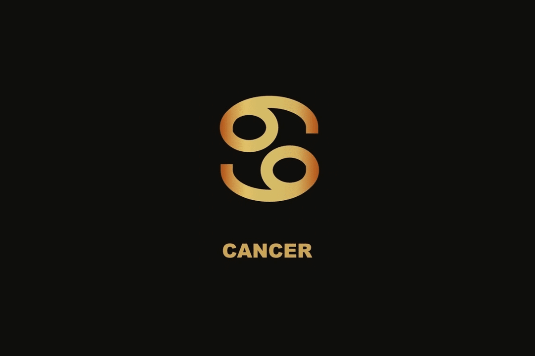 Símbolo dourado do signo de Câncer sobre fundo preto, com o nome "CANCER" escrito abaixo.