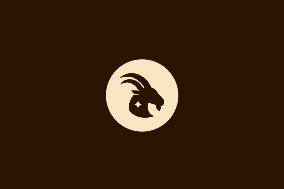 Ilustração vetorial do signo de Capricórnio, representada pelo perfil da cabeça de uma cabra com chifres e uma estrela de quatro pontas ao lado, dentro de um círculo bege sobre fundo marrom.