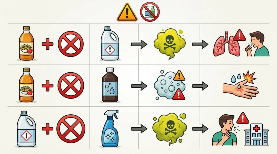 Misturar produtos de limpeza pode liberar vapores perigosos. Saiba por que vinagre, água sanitária e amônia não devem ser combinados durante a faxina.
