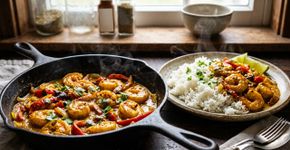 Não precisa de outro acompanhamento para o arroz: este camarão picante na frigideira deixa o almoço irresistível