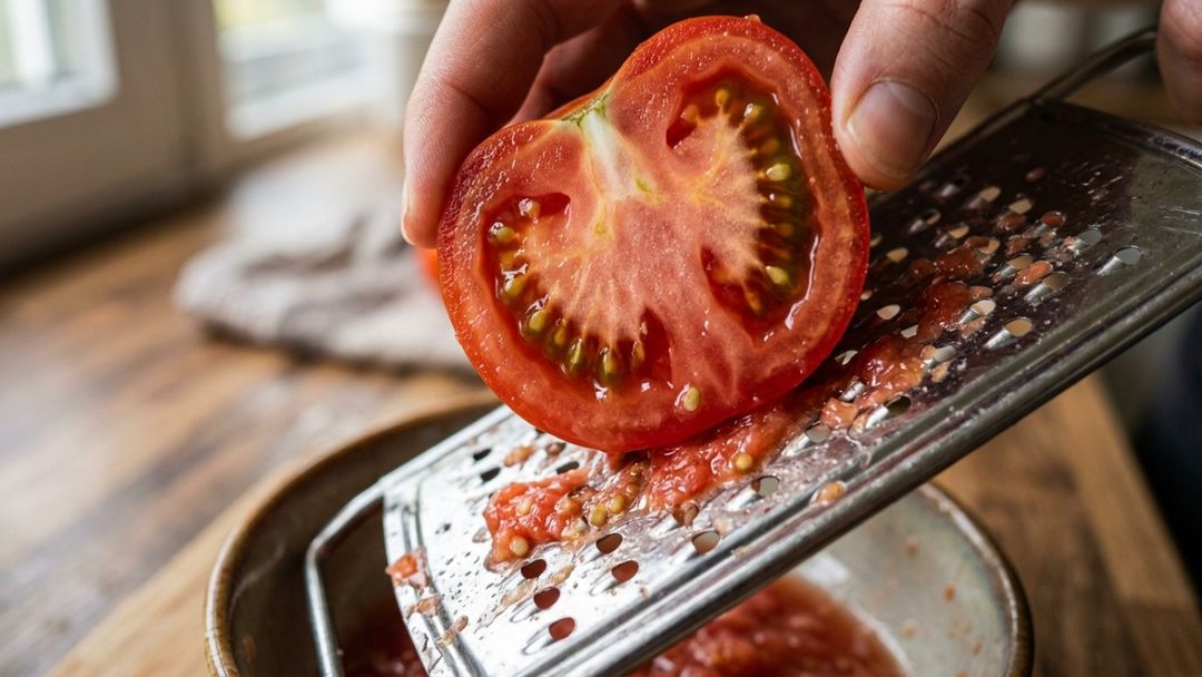 A combinação simples de pão crocante, azeite extravirgem e tomate fresco eleva o desjejum diário.