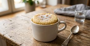 Sem forno e em menos de 1 minuto de cozimento: farinha, açúcar, óleo e baunilha viram um bolo de caneca macio feito diretamente no micro-ondas