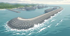 Parecem simples rochas, mas são um muro invisível sob a água: 2.000 blocos de concreto de 5 m³ formam um megaescudo de 3,1 km contra o mar