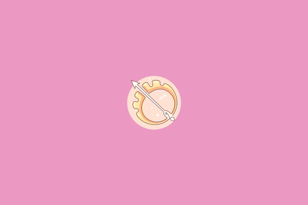 Ilustração minimalista do signo de Sagitário, representado pelo símbolo de uma flecha apontada para o alto, em tom creme. A figura aparece sobre um círculo em degradê de vermelho e rosa, com pequenos pontos decorativos e fundo amarelo-claro.