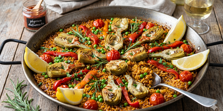 Featured main: Paella vegetariana com alcachofra e páprica defumada: um prato vibrante para sair da rotina