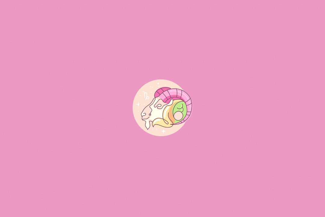 Ilustração minimalista do signo de Capricórnio, representado pelo símbolo estilizado do signo em tom creme. A figura aparece dentro de um círculo em degradê de rosa e lilás, com pequenos pontos decorativos sobre fundo amarelo-claro.