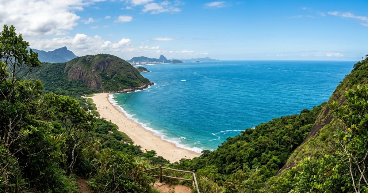 Pouco mais de 5 minutos desde o início da trilha, mesmo subindo devagar, já revelam a Praia de Itacoatiara inteira: Morro das Andorinhas, em Niterói, tem mirantes costeiros em sequência