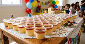 Pudim de caramelo sem ovos em copinhos fofos, receita fácil e econômica para festas escolares infantis.