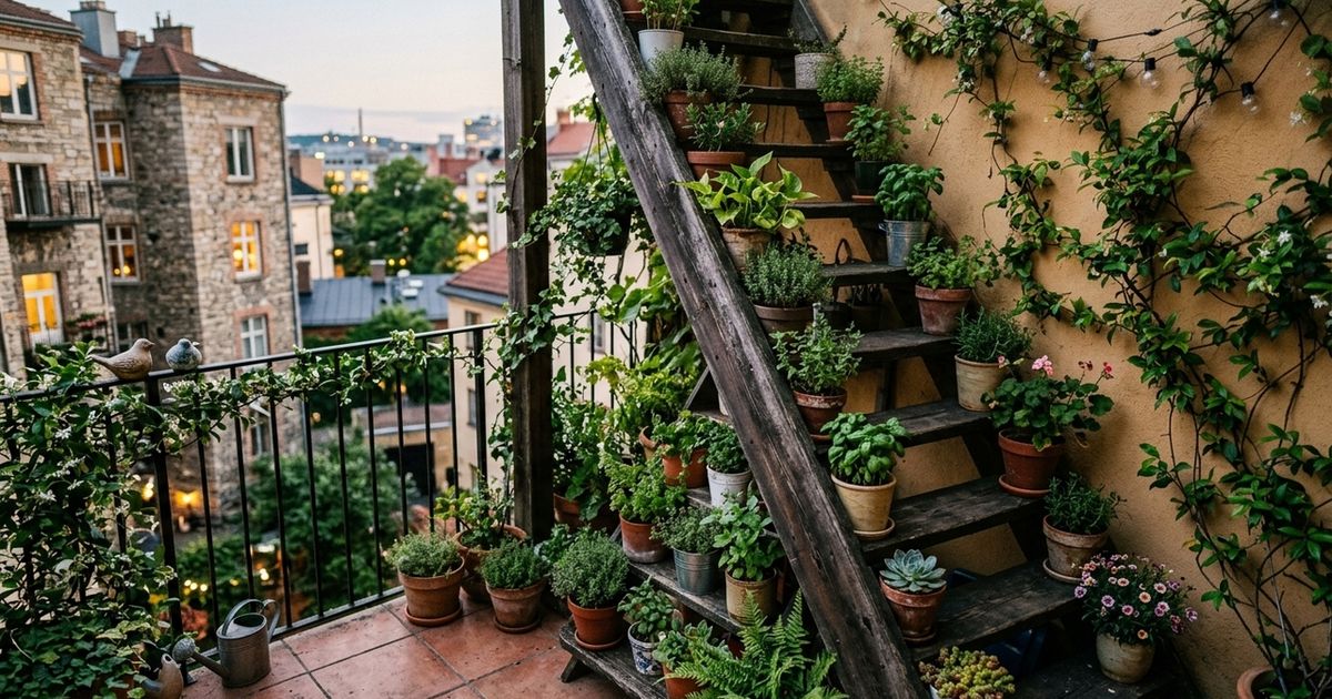 Os vasos pequenos ficam espalhados pela varanda, uma escada antiga pode transformá-los em jardim vertical