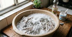 À noite, deixo os panos de prato e as luvas de cozinha de molho: de manhã estão perfeitamente limpos, até as manchas de gordura antigas desaparecem