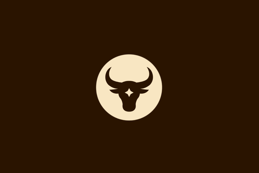 Ilustração vetorial do signo de Touro, representada pela cabeça estilizada de um touro com chifres curvados e uma estrela de quatro pontas na testa, dentro de um círculo bege sobre fundo marrom.