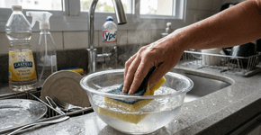 Adiciono 1 colher à água para lavar a esponja de cozinha. O mau cheiro some instantaneamente e os germes ficam eliminados por dias