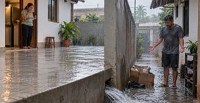 Família aumenta o piso do quintal para impedir alagamentos, comemora na primeira chuva e recebe reclamação porque toda a água passou a correr para a casa ao lado