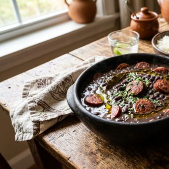 Featured mobile: Os melhores chefs concordam: feijão preto não se faz apenas com água; é preciso adicionar linguiça defumada, folhas de louro e um fio de azeite no final