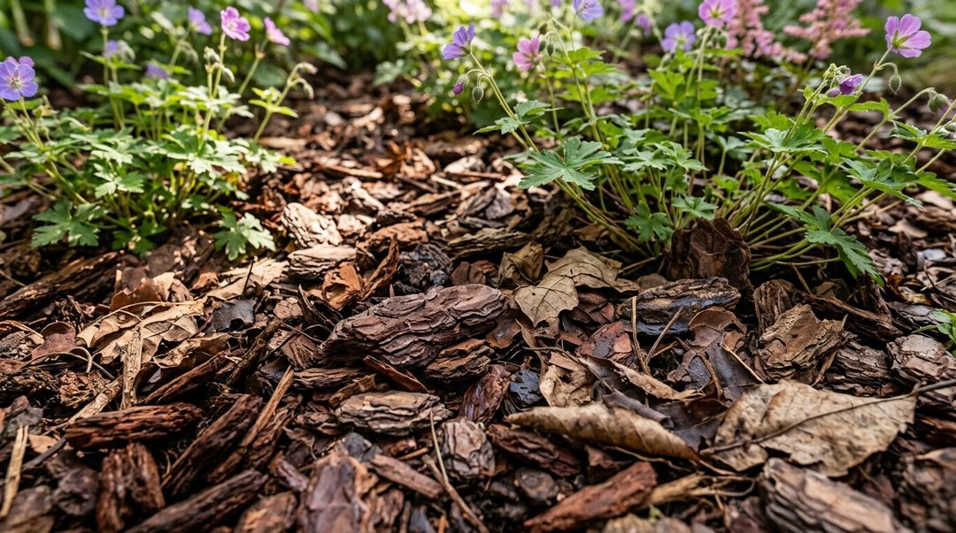 Folhas secas e palha formam uma barreira natural contra plantas indesejadas no canteiro.