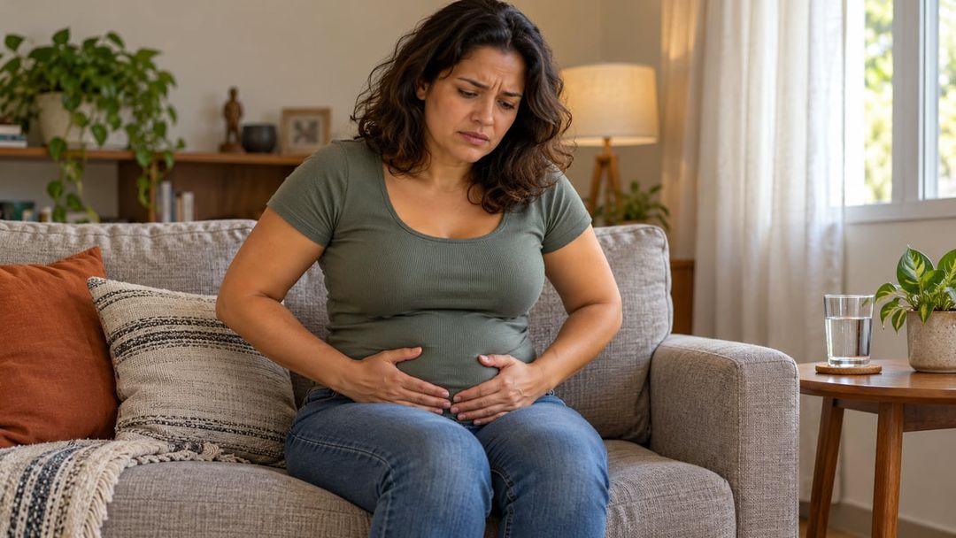 Barriga estufada, firme ao toque e que não diminui ao longo do dia pode ser sinal de gordura visceral – Imagem ilustrativa criada por inteligência artificial
