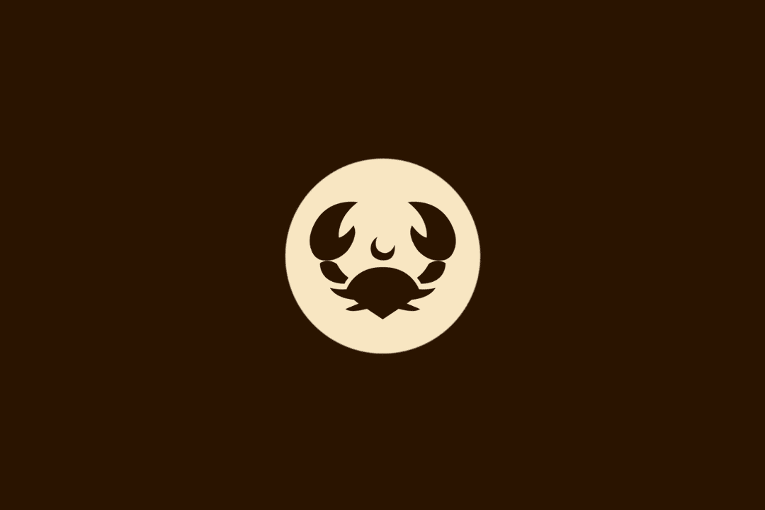 Ilustração vetorial do signo de Câncer, representada por um caranguejo com garras e um símbolo de lua acima, centralizado em um círculo bege sobre fundo marrom.