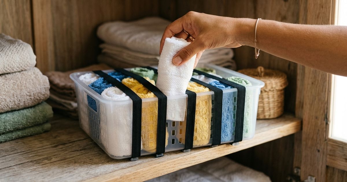 Passe 2 elásticos em um cesto: o truque cria divisórias ajustáveis para organizar toalhas e pequenos itens
