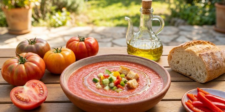 Featured main: Os espanhóis concordam: “Para deixar o gazpacho mais encorpado e com sabor equilibrado, o segredo é adicionar um pedaço de pão amolecido antes de bater.”