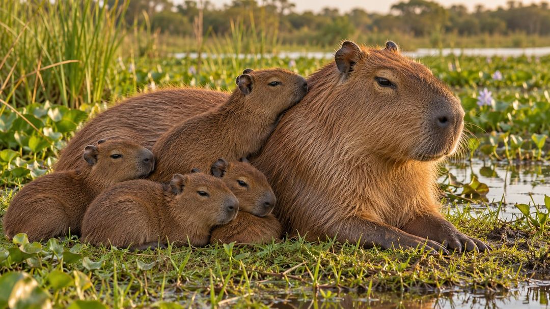 A fêmea da capivara costuma ter cerca de quatro filhotes por gestação, e o nome científico também não distingue o sexo – Imagem ilustrativa criada por inteligência artificial