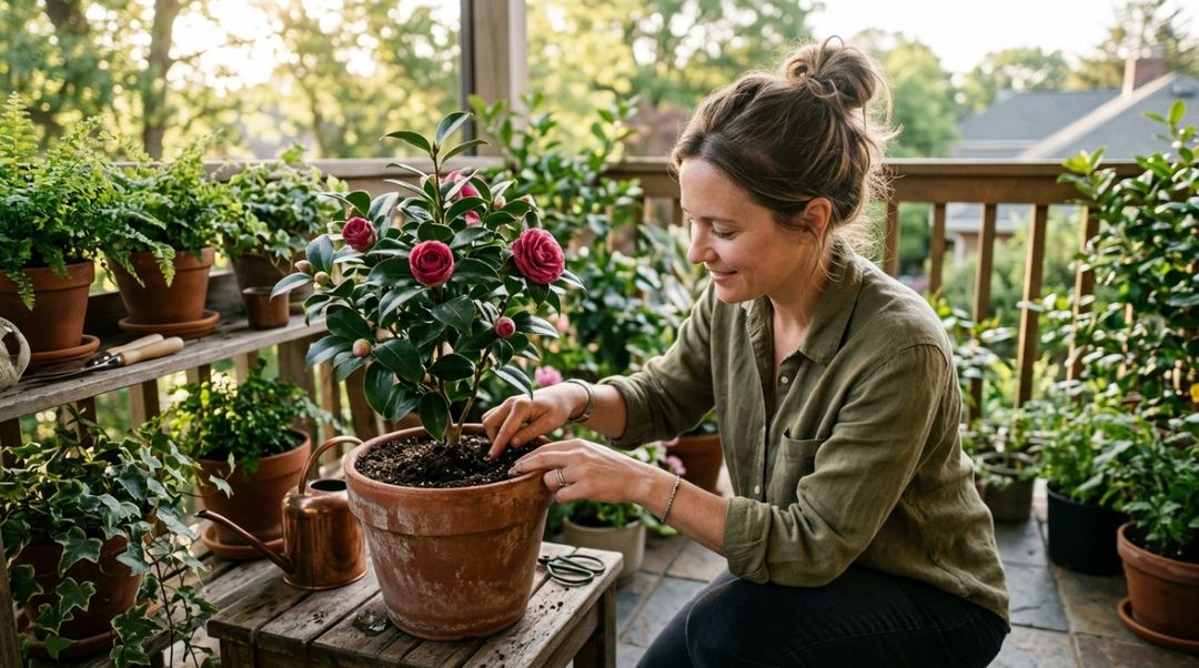 Um dos motivos para a camélia funcionar tão bem em terraços é que ela não depende apenas das flores para chamar atenção.