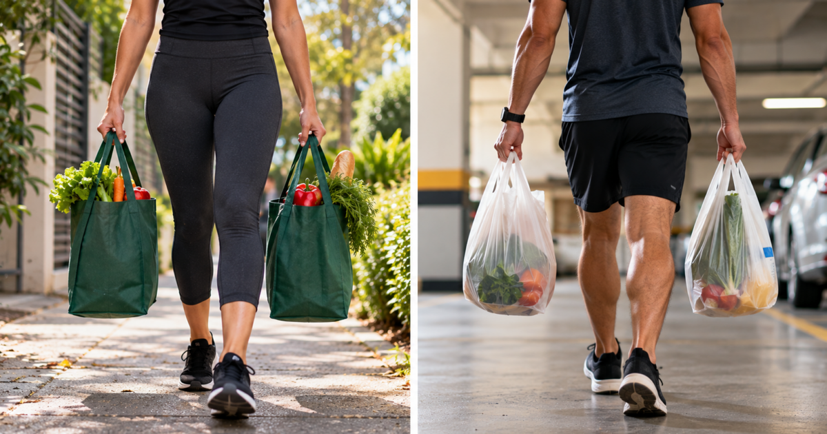 Carregar duas sacolas de peso parecido por alguns metros transforma uma tarefa comum em exercício de pegada, tronco e pernas, desde que a carga seja confortável