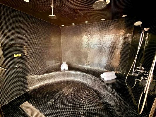 O quarto principal tem ainda chuveiro duplo no modelo rain shower e sauna privativa