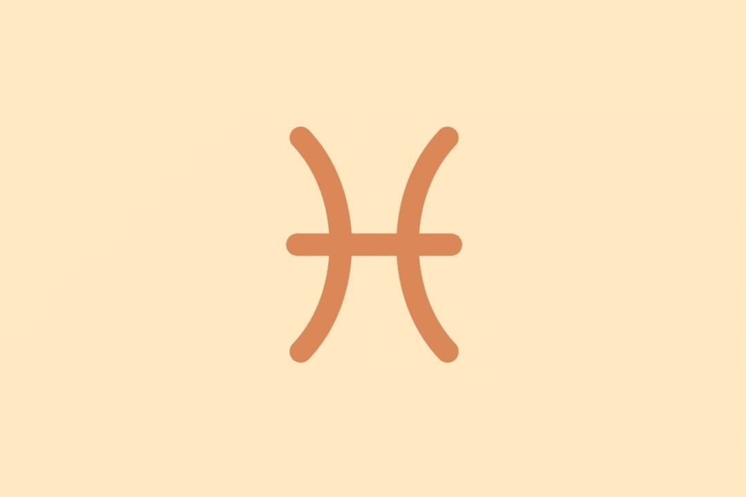 Símbolo minimalista do signo de Peixes em tom terracota sobre fundo laranja
