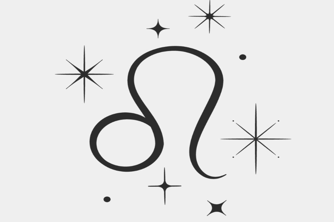 Imagem com fundo cinza-claro, apresentando o símbolo astrológico do signo de Leão em preto, formado por linhas curvas, com um círculo na parte inferior esquerda e uma curva alongada à direita. Ao redor, aparecem estrelas estilizadas e pequenos pontos pretos.