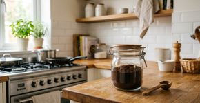O pó de café fica aberto ao lado do fogão por comodidade: pote bem fechado e longe do calor ajuda a preservar aroma por mais tempo