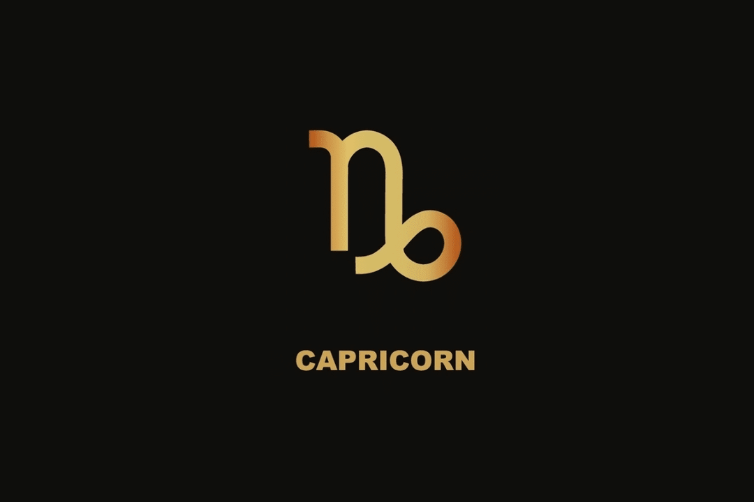 Símbolo dourado do signo de Capricórnio sobre fundo preto, com o nome "CAPRICORN" escrito abaixo.