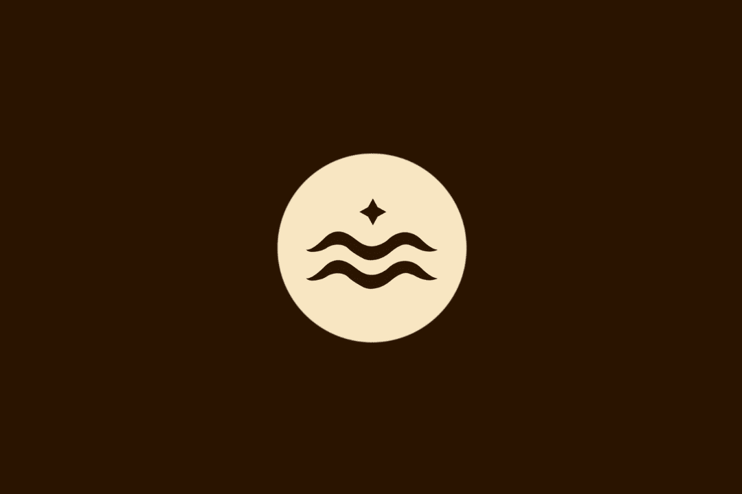 Ilustração vetorial do signo de Aquário, representada por duas linhas onduladas de água com uma estrela de quatro pontas acima, centralizada em um círculo bege sobre fundo marrom.