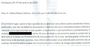 Preso envia carta à editora com pedido de exemplar de livro