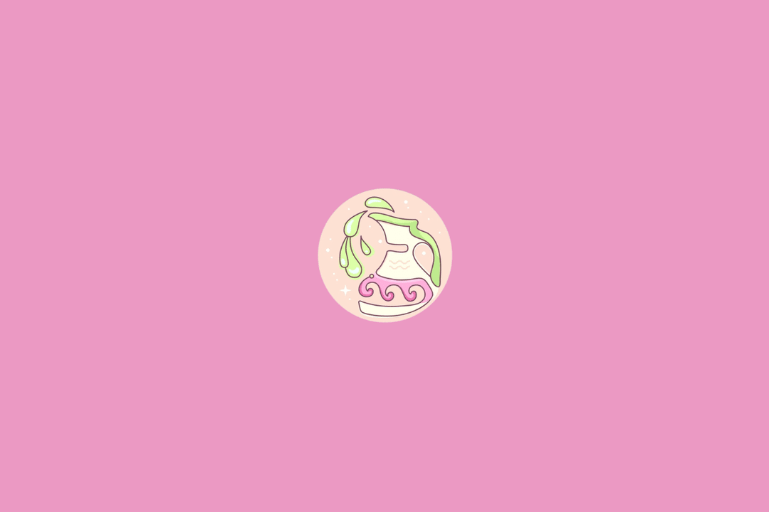 Ilustração minimalista do signo de Aquário, representado pelo símbolo de duas linhas onduladas em tom creme, sobre um círculo em degradê de rosa e roxo. Pequenos pontos remetem a estrelas, enquanto o fundo é amarelo-claro.