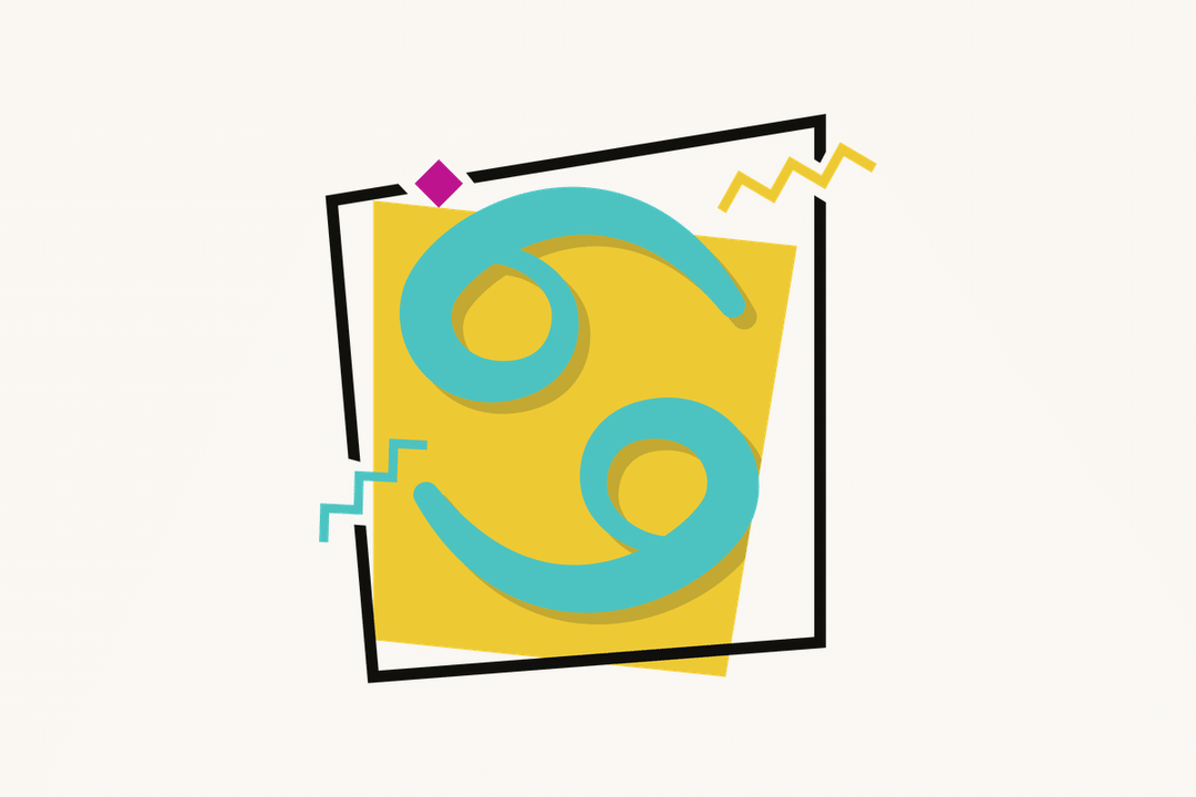 Ilustração do signo de Câncer, contendo o símbolo de dois círculos entrelaçados em espiral, lembrando pinças de caranguejo, em azul-turquesa, centralizado sobre um quadrado amarelo emoldurado em preto, com pequenos losangos e zigue-zagues coloridos ao redor, em fundo claro.