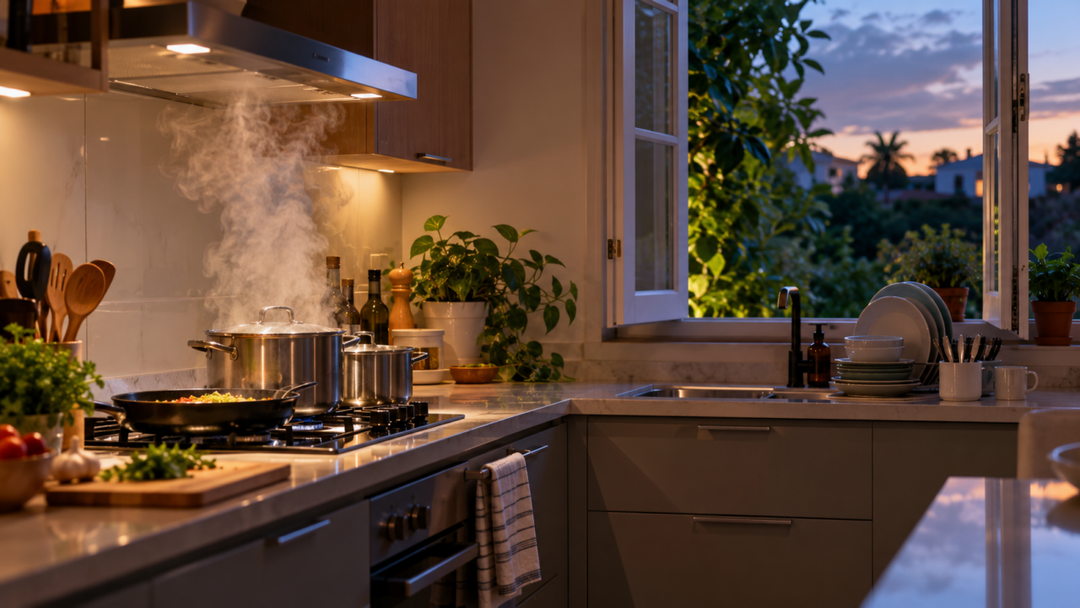 Vapor preso na cozinha pode gerar condensação em paredes e janelas. Entenda por que a ventilação após o jantar ajuda a controlar a umidade do ambiente.
