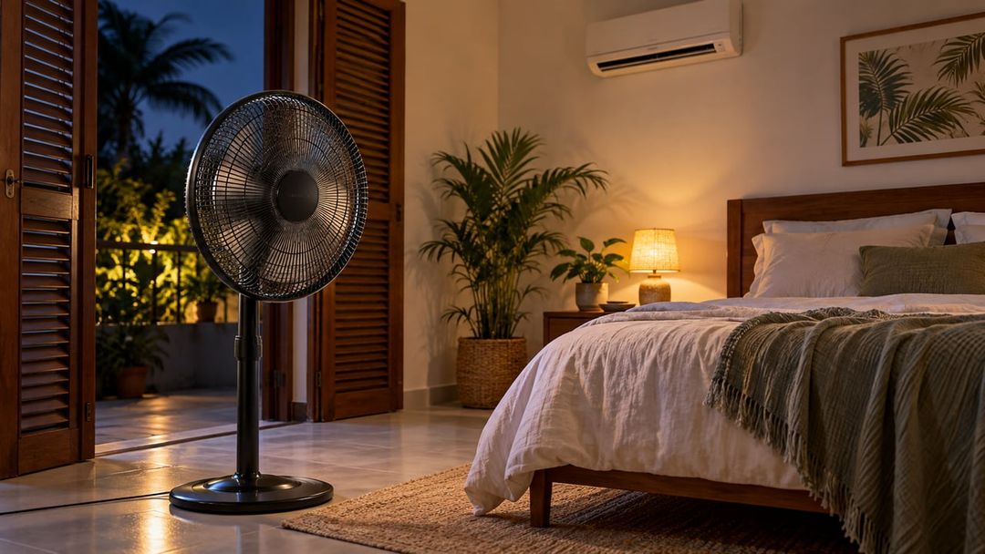 Em noites muito quentes ou úmidas, o ar condicionado pode ser necessário porque o ventilador não controla calor latente nem umidade – Imagem ilustrativa criada por inteligência artificial